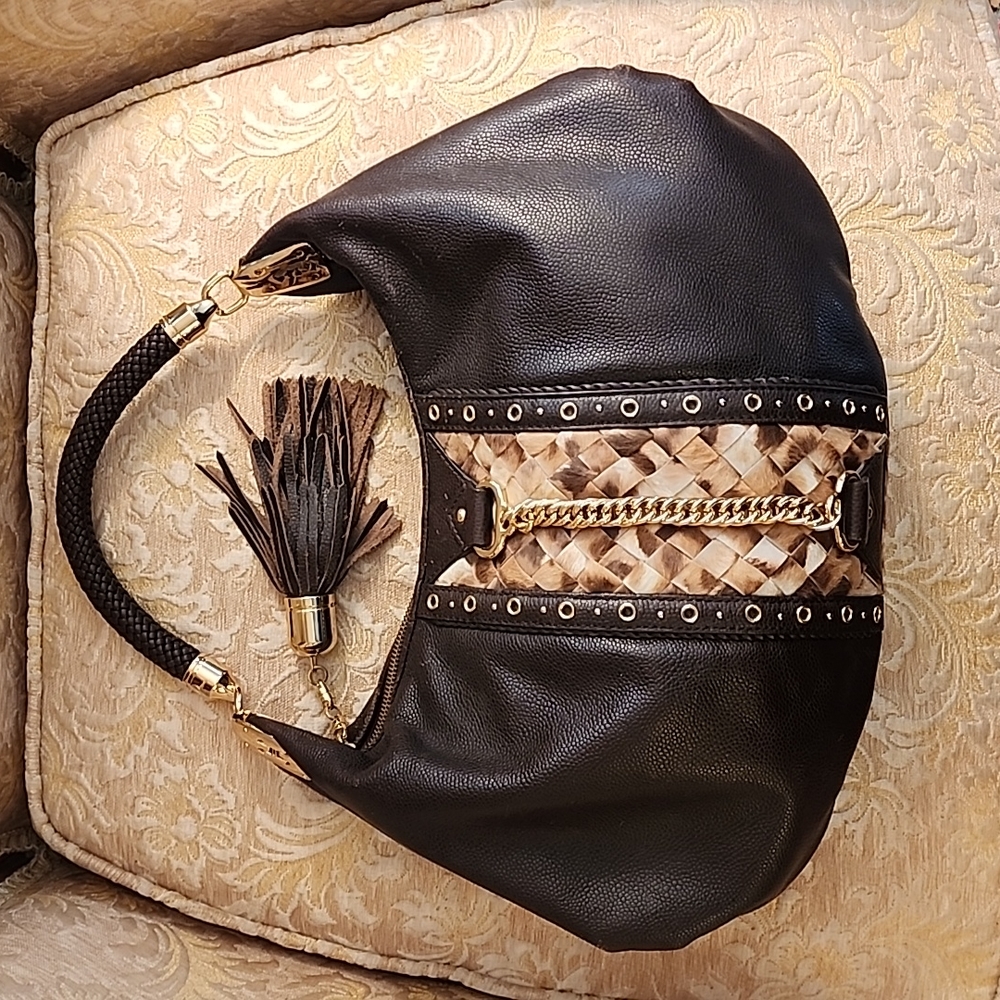 Cole Haan leather Hobo- faux fur detail - braided strap - gold chain detail